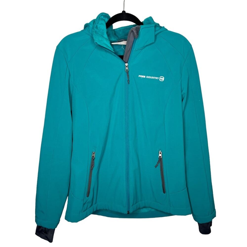 FREE COUNTRY / teal blue faux fur lined full zip hooded jacket / L